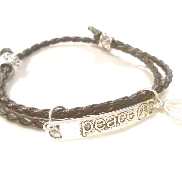 Peace Sign Black Leather Wrap Bracelet - Picture 4 of 8